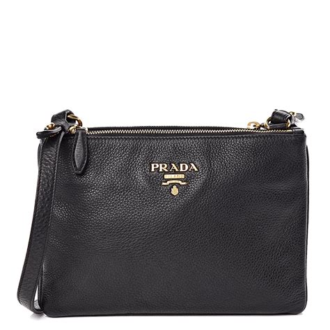 PRADA Vitello Phenix Double Zip Crossbody Bag Black